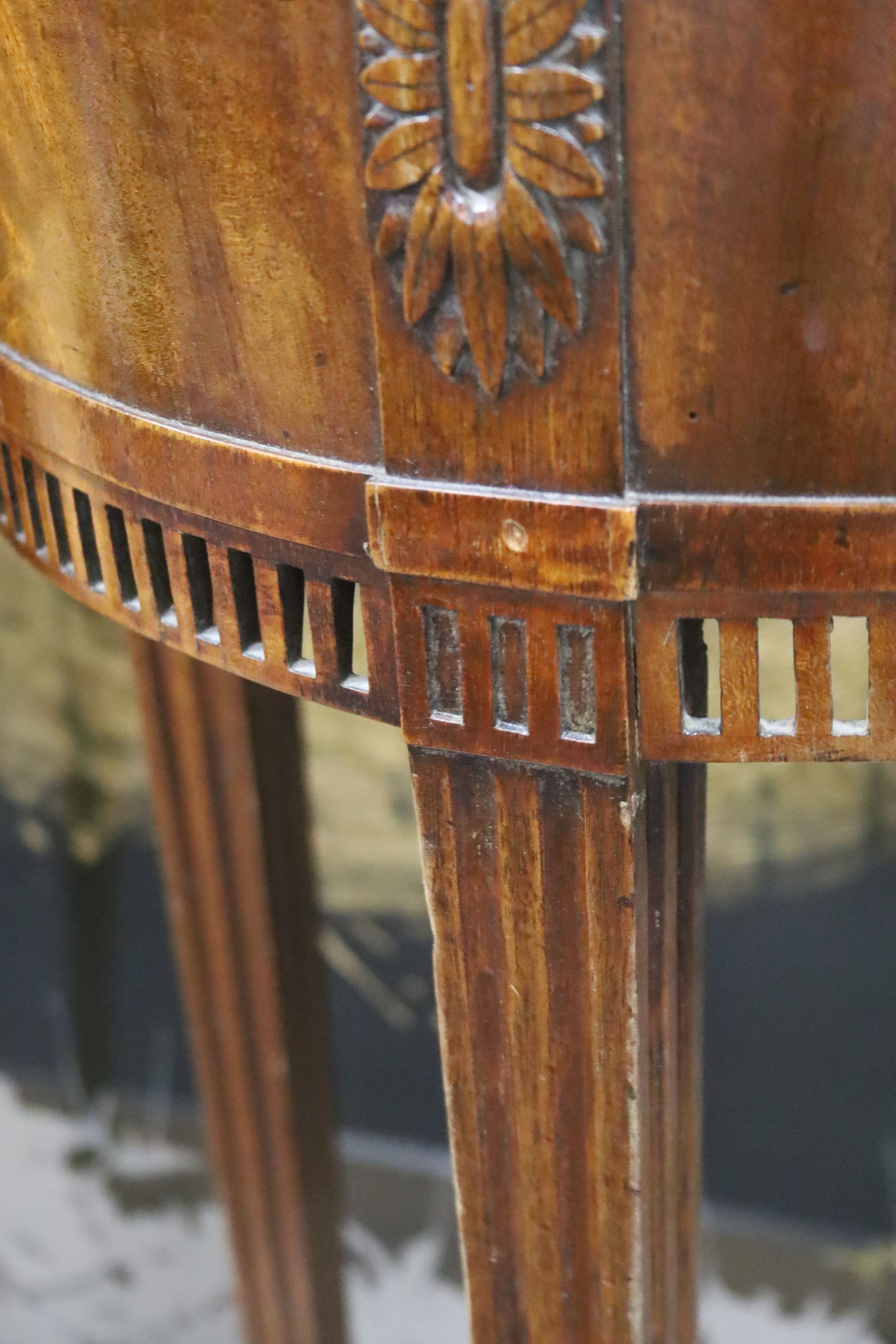 A pair of late 19th century Dutch mahogany demi lune console tables, width 42cm, depth 24cm, height 80cm